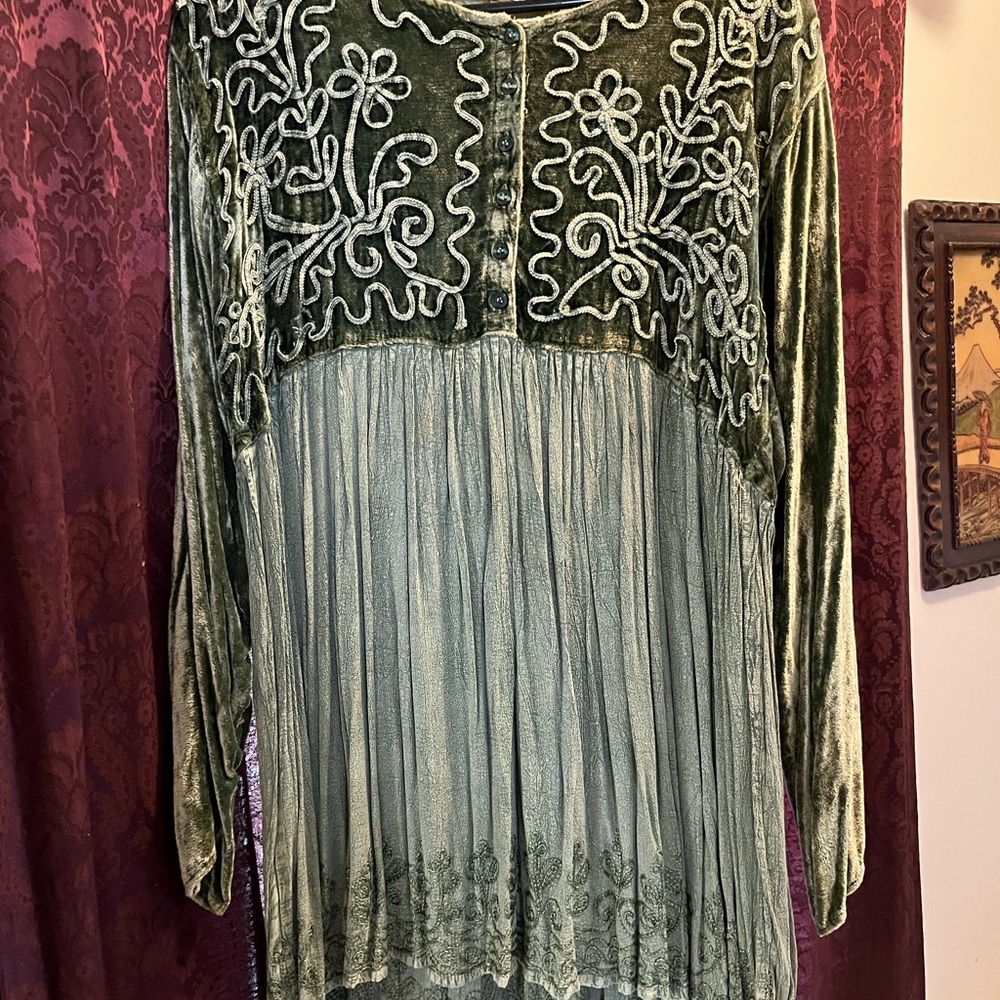 Green Pleated Tunic with Embellished Long Sleeves